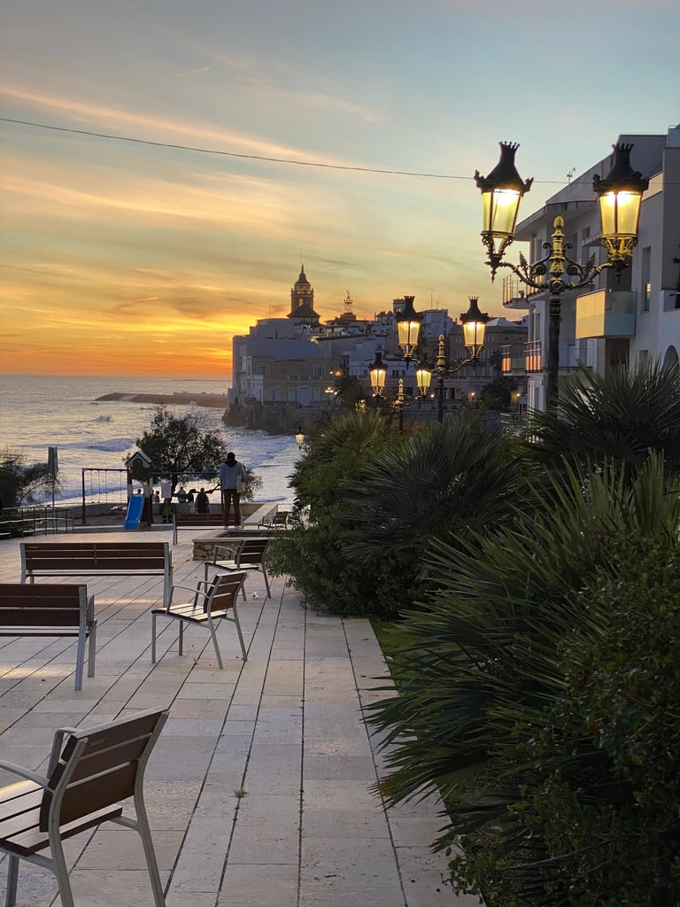 sunset view at Sitges beach and promenade