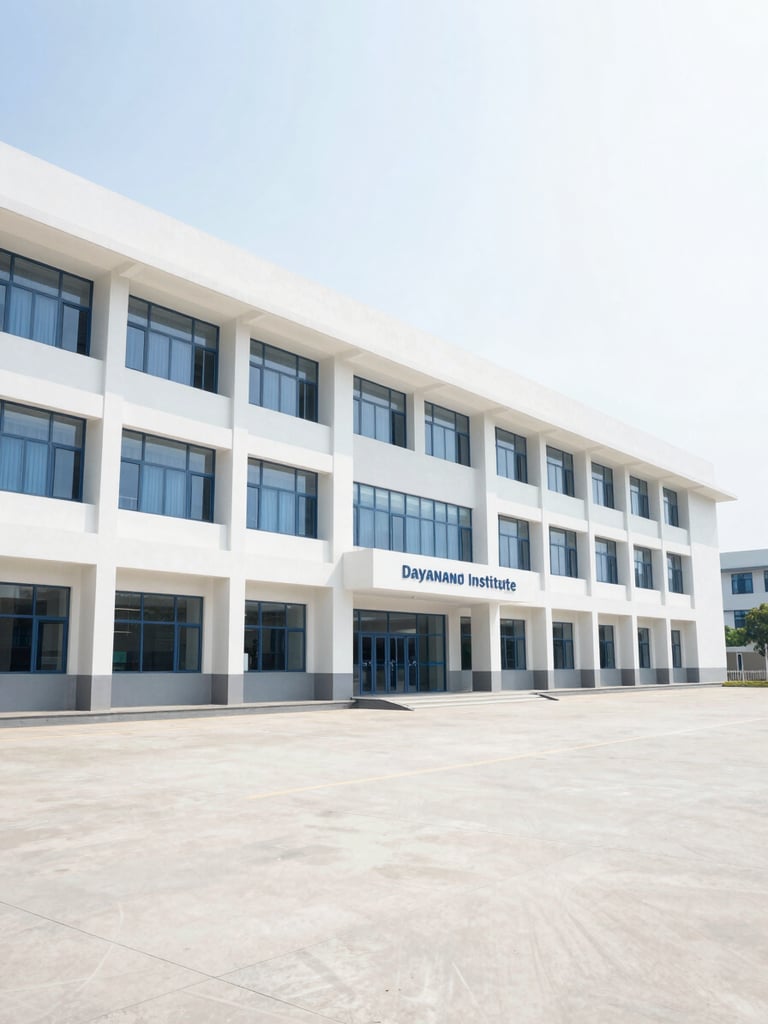 A professional campus building facade of Dayanand Institute under bright daylight, clean architectural lines, modern educational facility, wide angle.