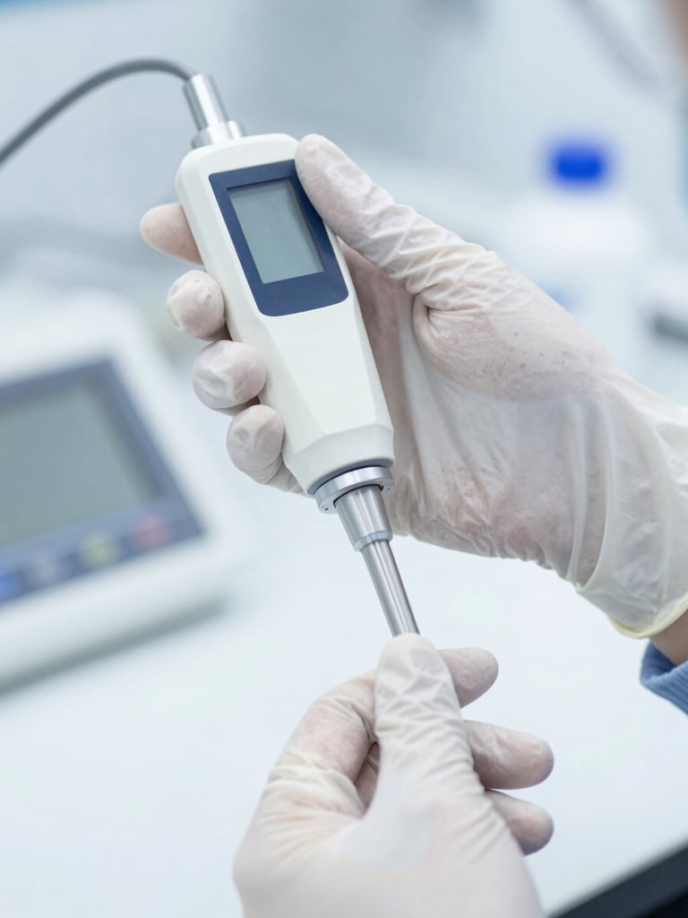 A close-up of gloved hands calibrating a high-precision digital pipette in a sterile laboratory environment, bright high-key white light, sharp focus.