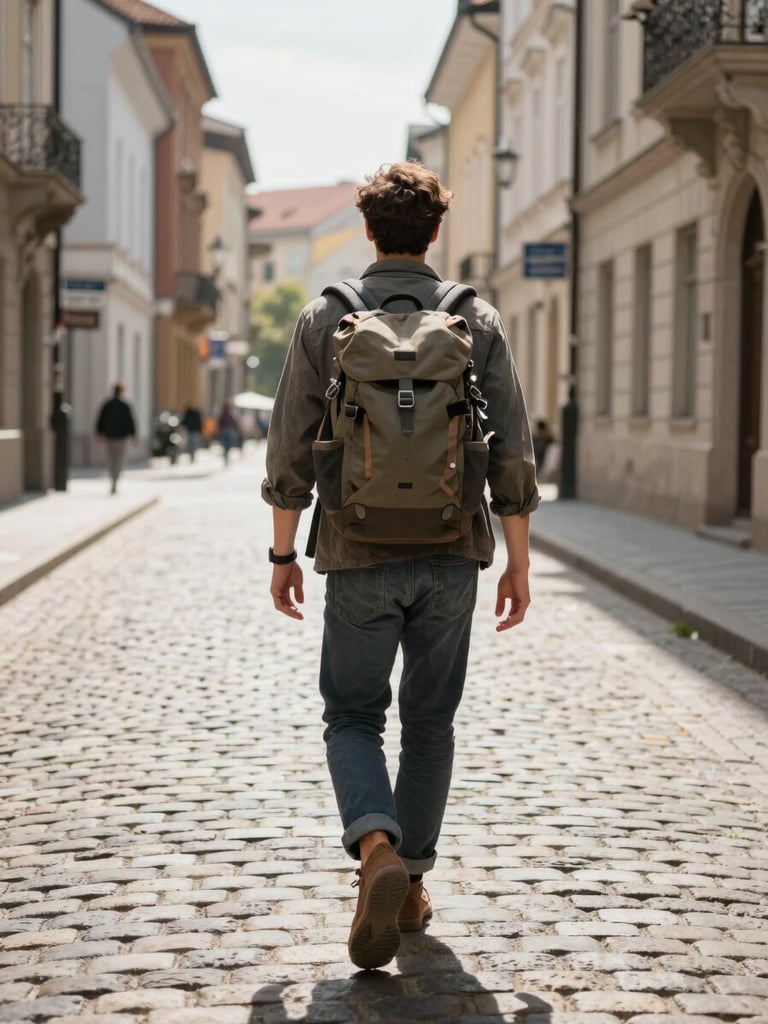 A traveler with a single backpack walking freely on a historic cobblestone city street, bright natural daylight, clear focus