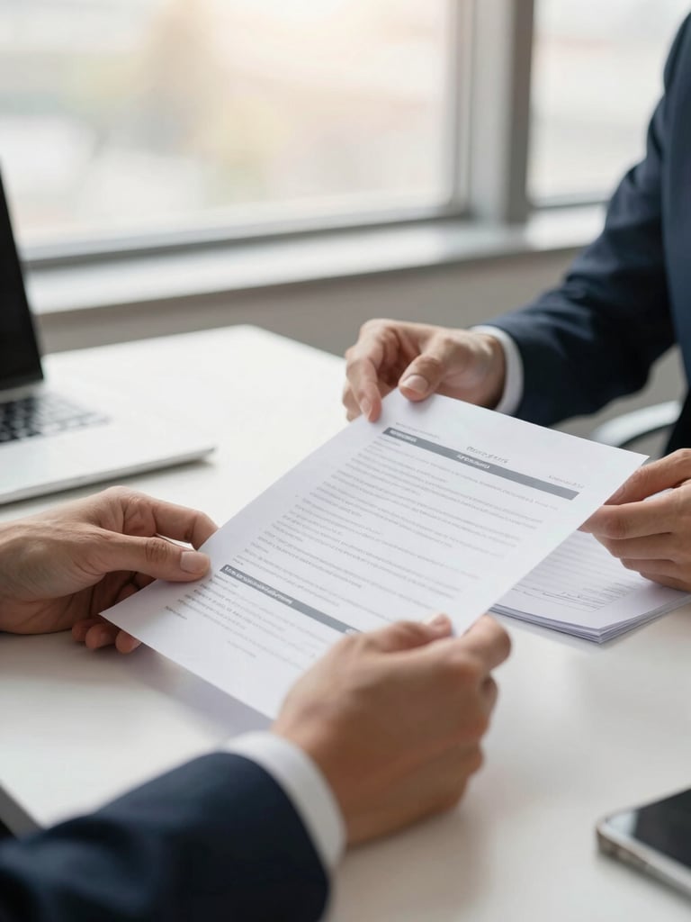 Close up of hands reviewing financial documents on a bright office desk, natural window light, professional atmosphere