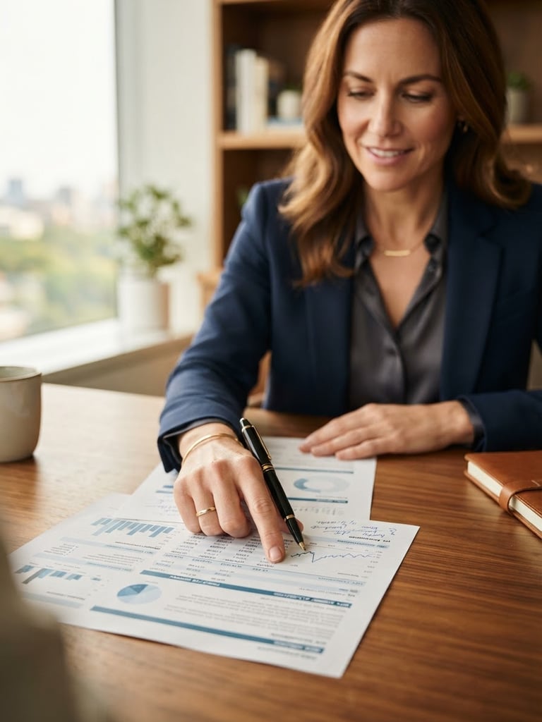 Close up of a professional financial consultant pointing to a document on a wooden desk, warm natural morning light, shallow depth of field
