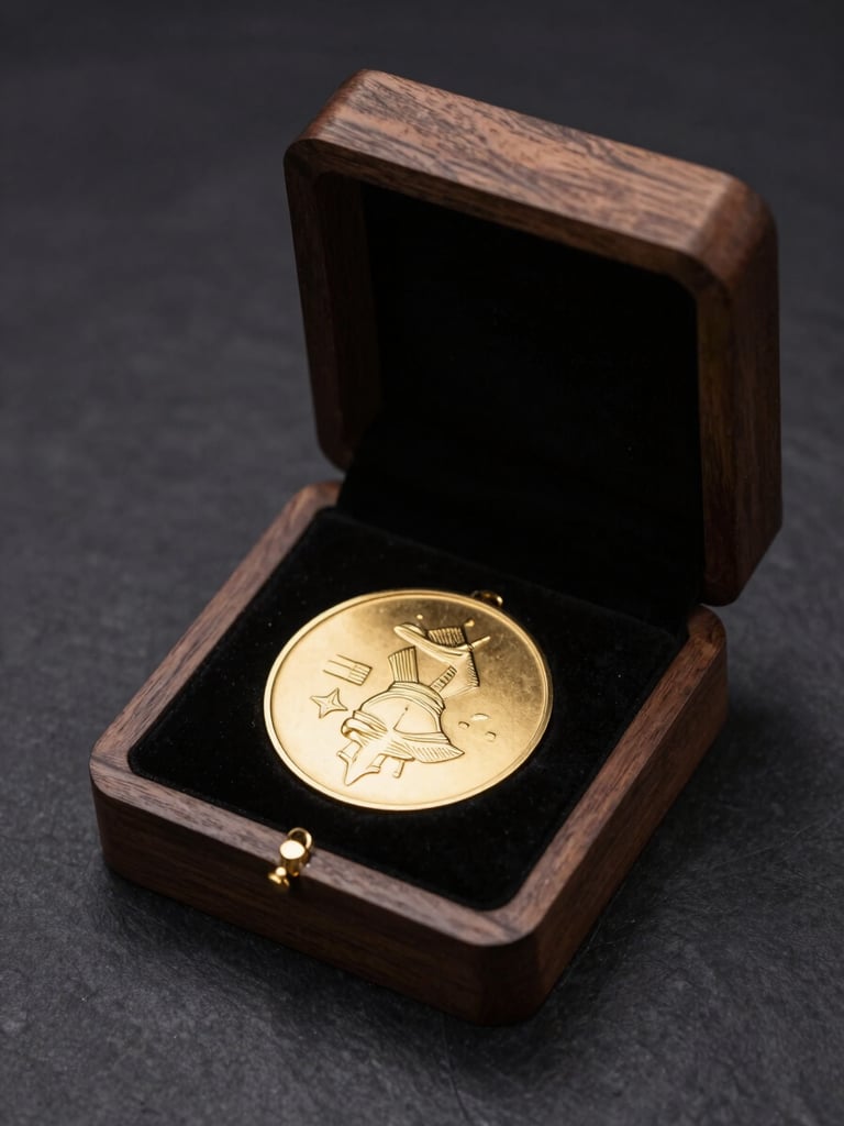 Elegant dark walnut presentation box open, revealing a custom heavy gold medal nestled in deep black velvet, soft side lighting, premium craftsmanship details