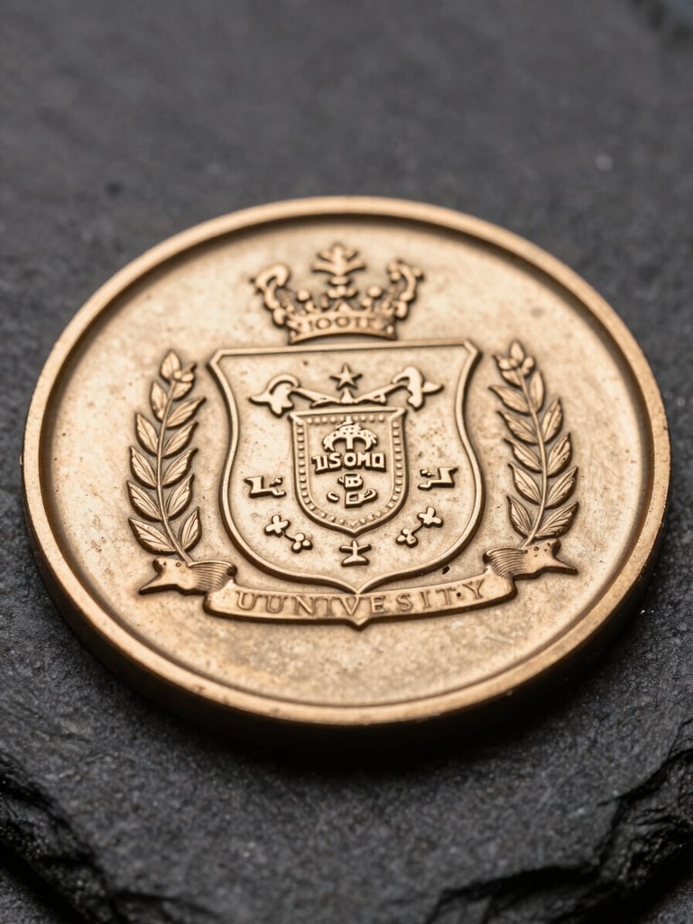 Macro close-up of a steel matrix mold for a university medal, showing deep reverse engravings of a complex coat of arms, metallic reflections, dark workshop setting