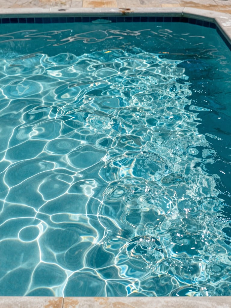 A sparkling clean backyard swimming pool in Jackson, MS, bright direct Mississippi sunlight reflecting off the water surface, crisp tile lines.