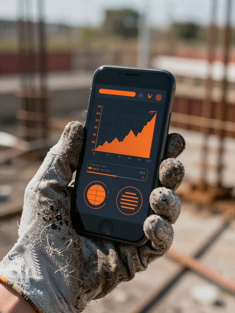 Vista de primer plano de un teléfono móvil robusto sostenido por una mano con guante de trabajo sucio, mostrando gráficos sencillos en naranja de seguridad sobre fondo oscuro en una obra de construcción de hormigón.