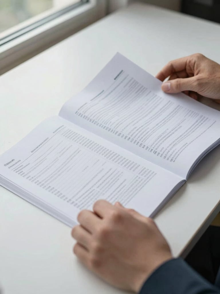 Close-up of hands turning pages of a printed financial report on a wide desk, natural daylight from a window to the left, documents slightly overlapping, clean flat light, no people visible above the wrist