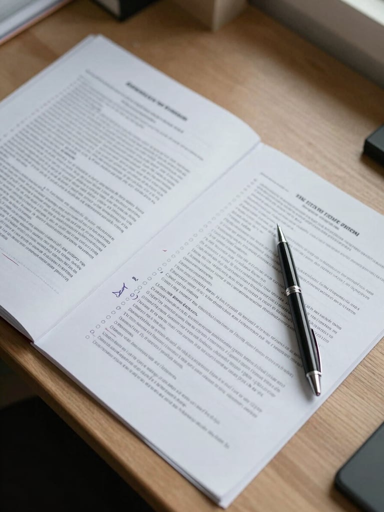 Wide shot of a working desk from above — open regulatory documents, handwritten annotations in the margins, a pen resting on paper, natural flat daylight, no digital screens visible