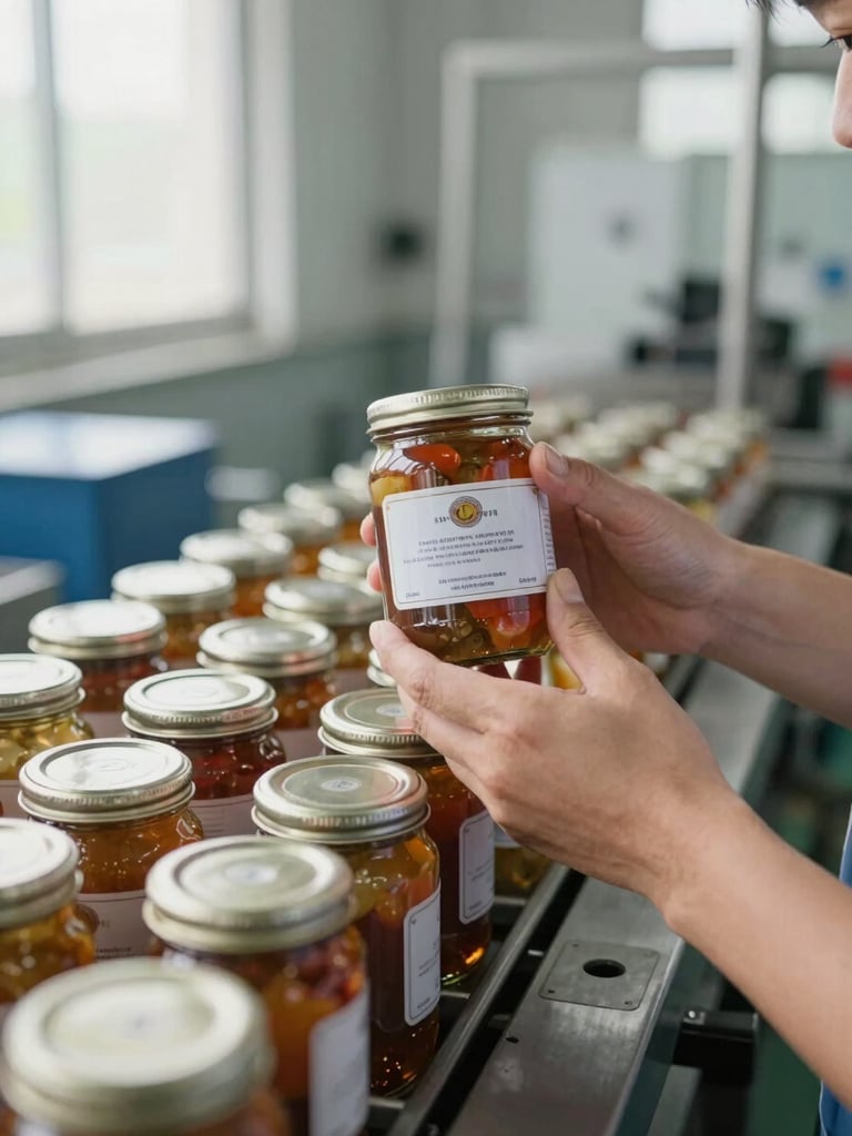 Close-up of hands on a factory production line inspecting glass jars of preserved food, natural daylight from factory windows, sharp product label detail visible, industrial but precise