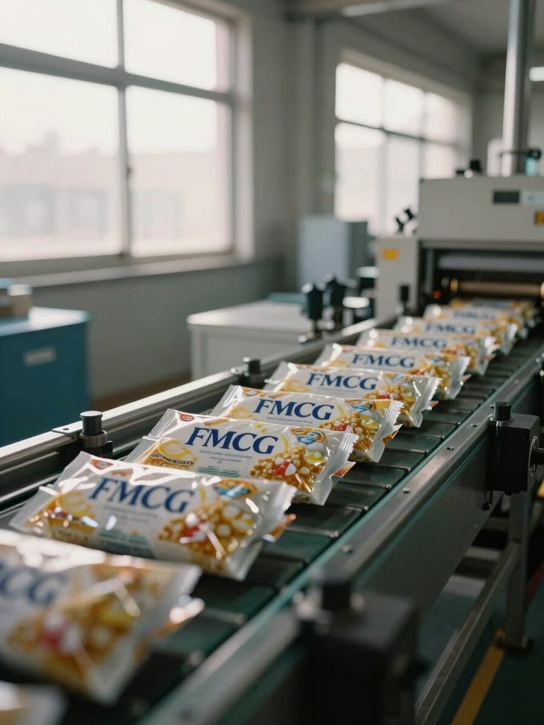 Close-up of a factory production line, packaged FMCG goods moving along a conveyor belt under broad factory-window daylight, industrial precision visible in the foreground, warm ambient light from high windows