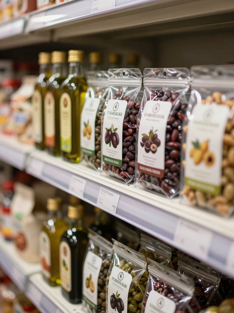 Close-up of packaged Turkish food products — olive oil, dried legumes, preserved goods — arranged on a clean European retail shelf under warm natural light, labels facing forward, shallow depth of field