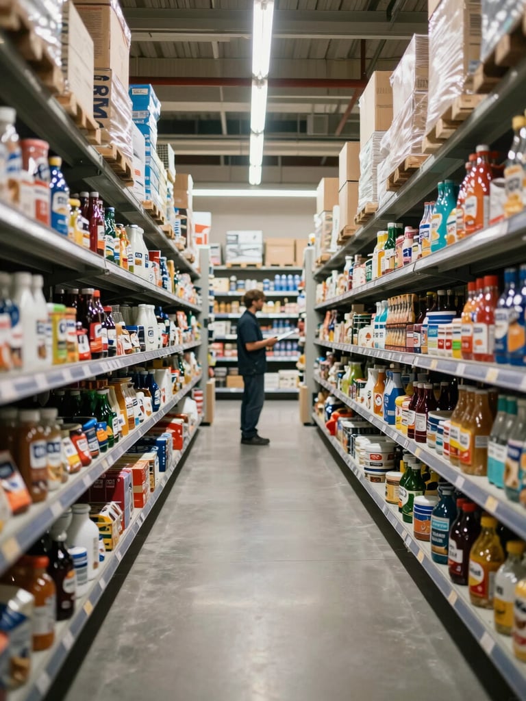Wide shot of a European retail warehouse aisle, neatly stocked FMCG shelves stretching into the distance under cool fluorescent daylight, a lone worker with a clipboard in the middle distance checking inventory
