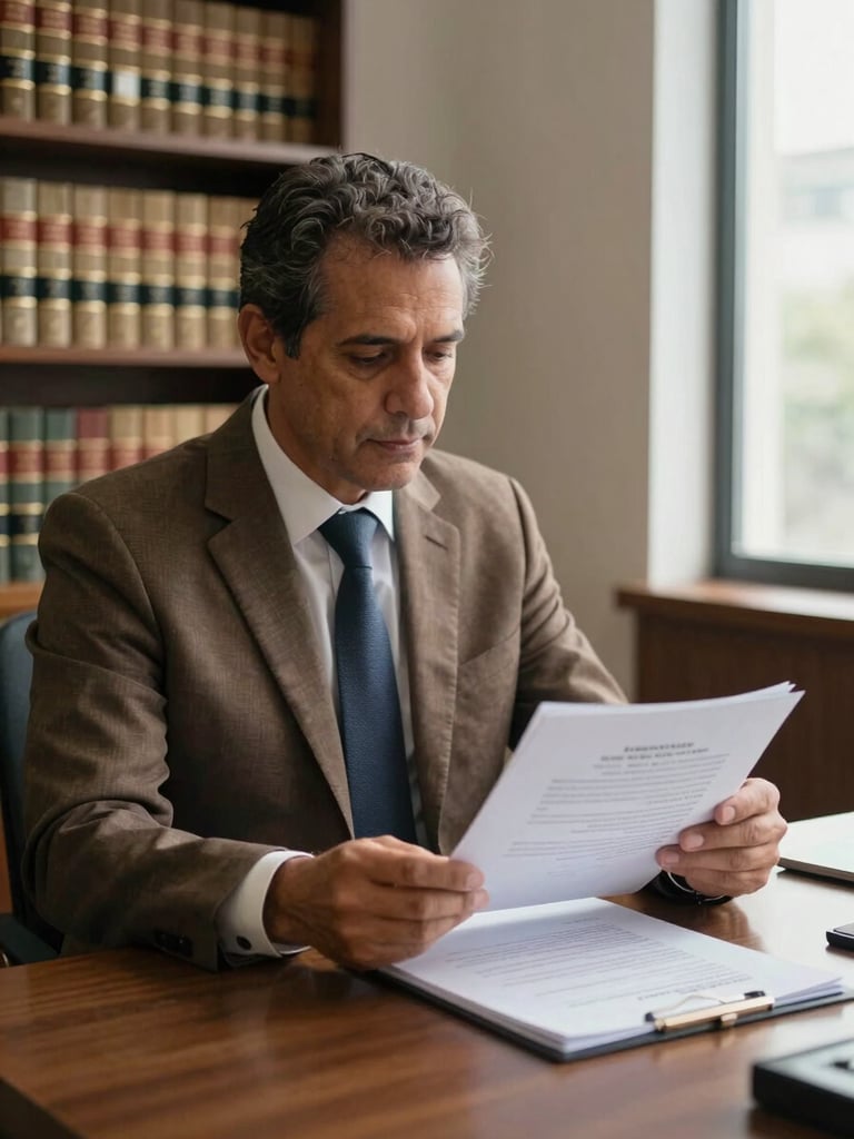 Close medium shot from the left, Dr. Ezivandro Silva seated at his desk reviewing a thick legal case file, natural office daylight from a window on the right, law books on shelves visible in background, professional consultation environment, warm brown tones, documentary clarity