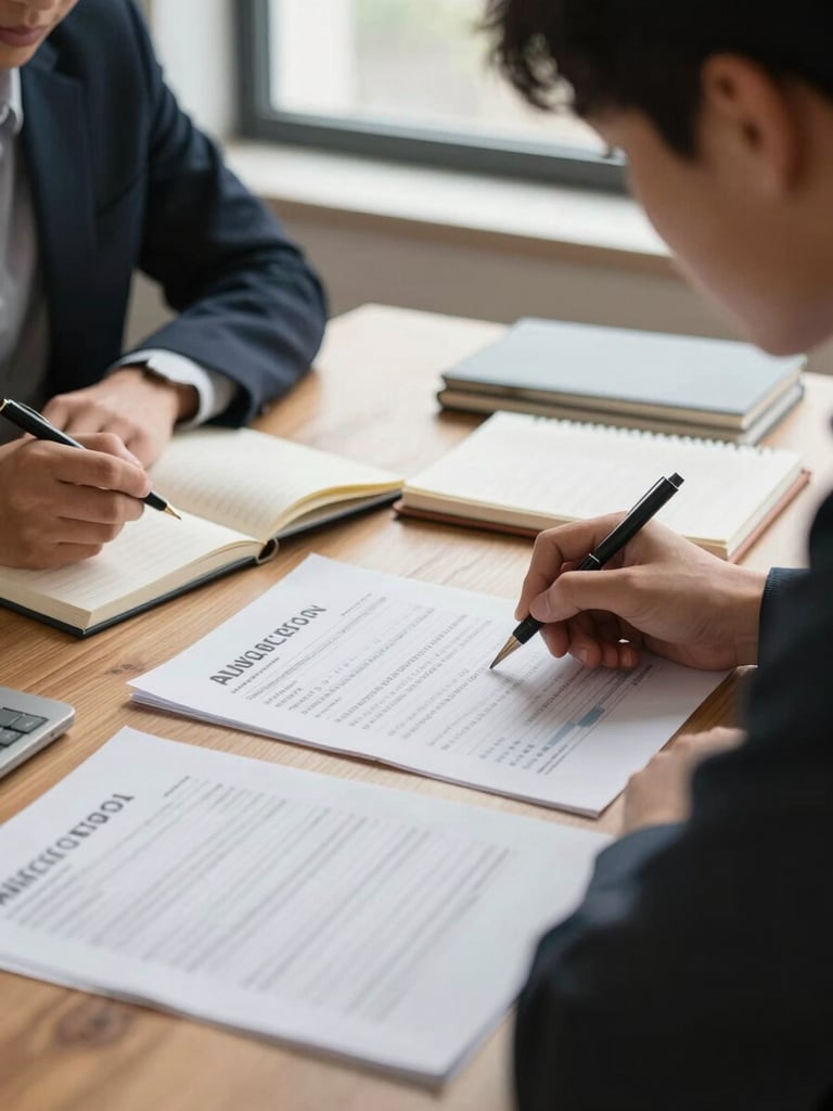 Close medium shot from the side, two students seated at a wooden table reviewing printed financial statements and annual reports in natural window light, one student's finger tracing a row of figures, notebooks open beside the documents, shallow depth of field on the papers