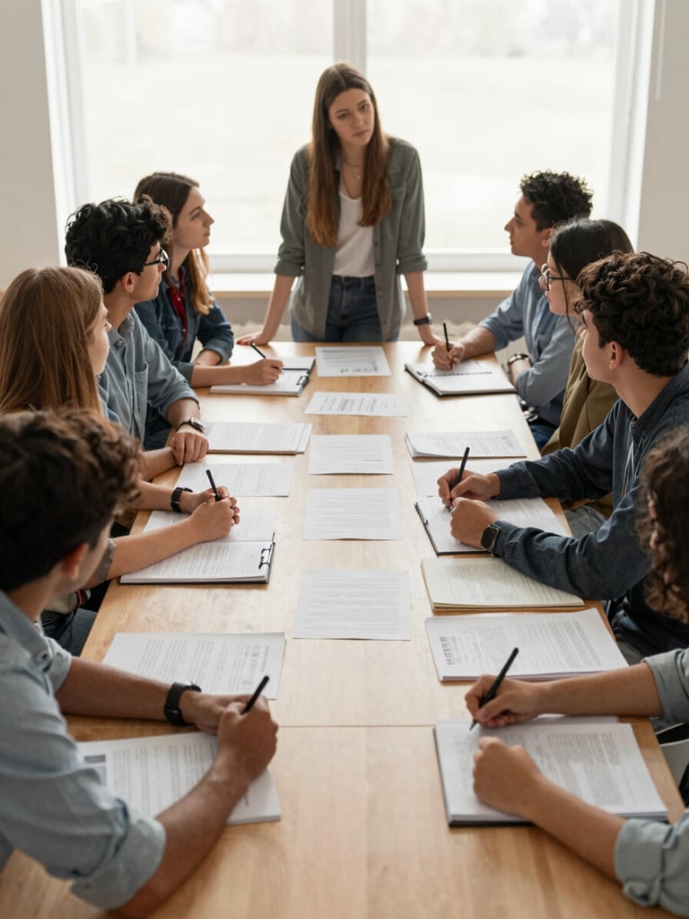 Wide environmental shot of a cohort of eight students around a large table covered in documents, constitutions, and notebooks, mid-discussion with one student presenting to the group, warm diffused natural light filling the room, depth of field showing the full table