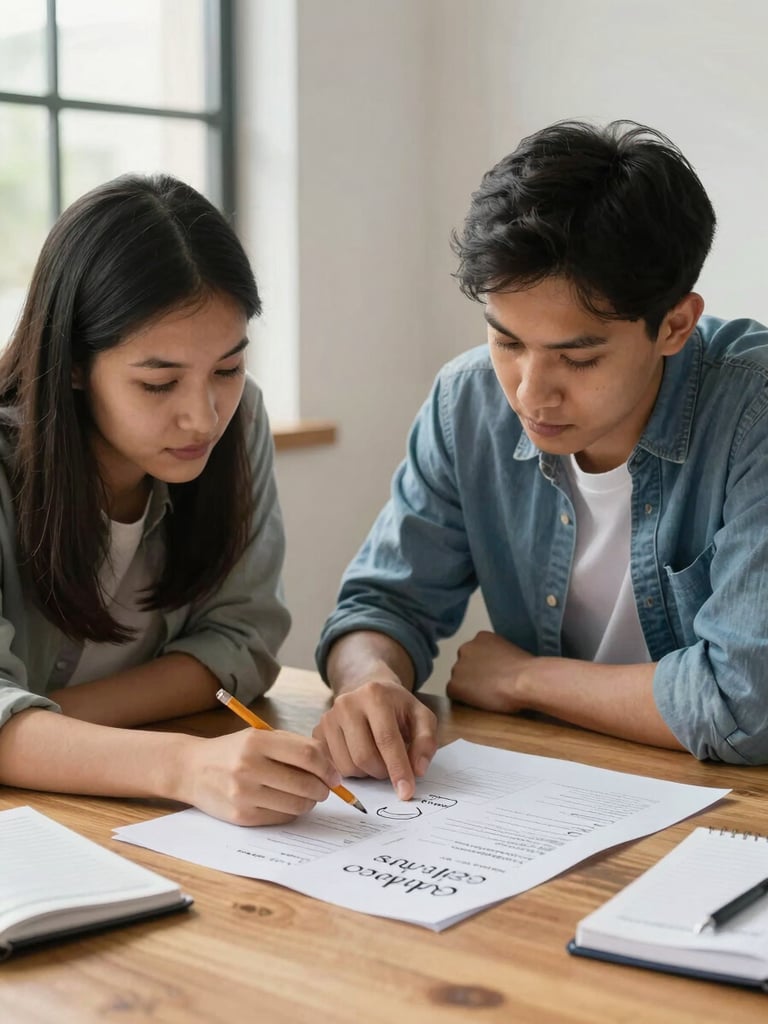 Close-medium shot, natural window light from the left: two students leaning over a handwritten business plan spread on a wooden table, one pointing at a line item, pencil in hand, notebooks and a small ledger visible at frame edge, depth of field soft on the background wall