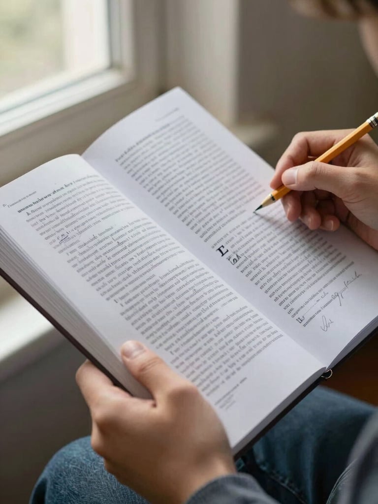 Close-up of a student's hands holding an open, heavily annotated copy of a legal or constitutional document, pencil marks and margin notes visible, warm natural window light from the left, shallow depth of field on the handwriting