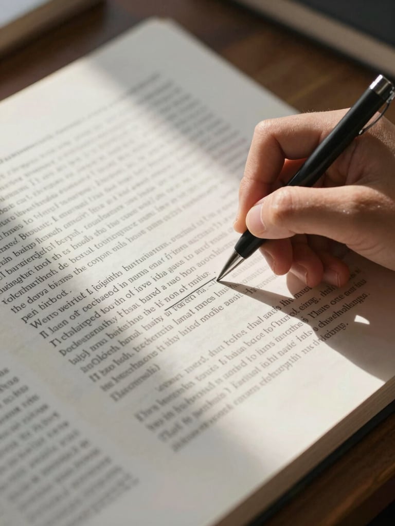 Close-up of a student's hand tracing a line of constitutional text in a worn document, natural side light casting a shallow shadow across the page, annotated margins visible, documentary detail shot