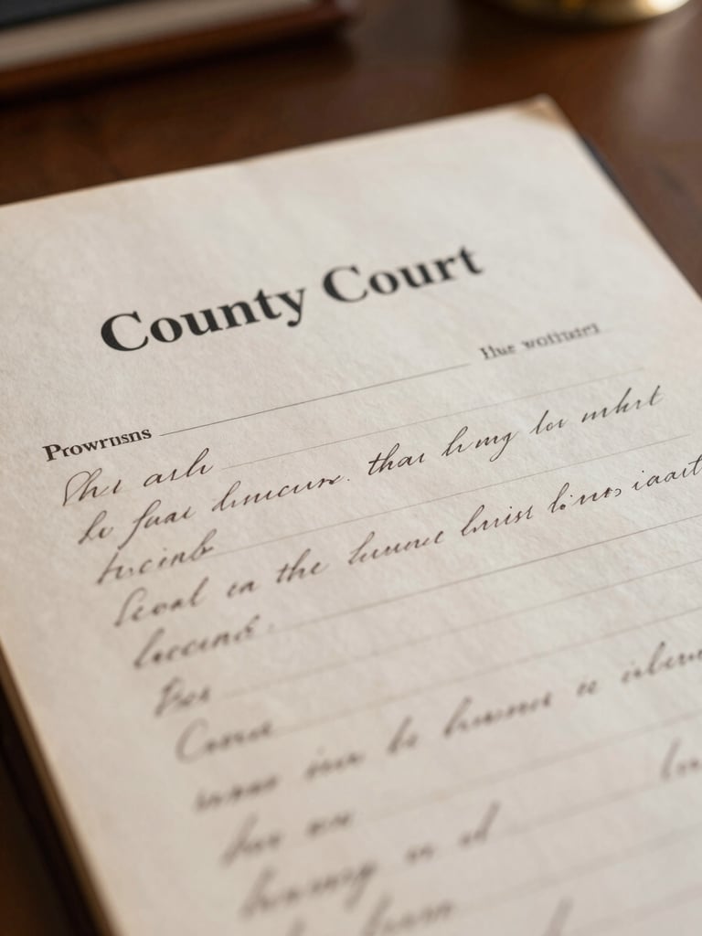 A close-up of an official county court ledger, aged parchment paper with clean elegant handwriting, soft warm office light filtering from the side, shallow depth of field.