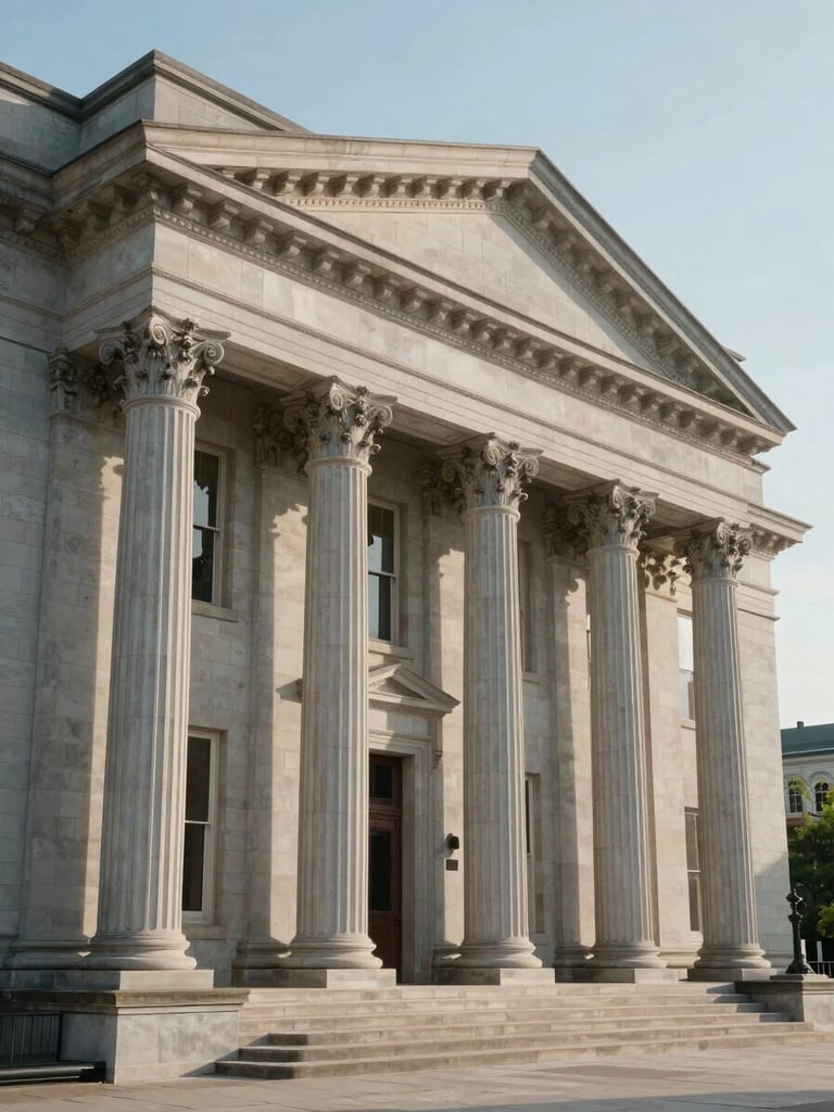 Wide environmental shot of a classical stone county courthouse facade, clean morning light, elegant architectural columns, minimal and quiet composition.