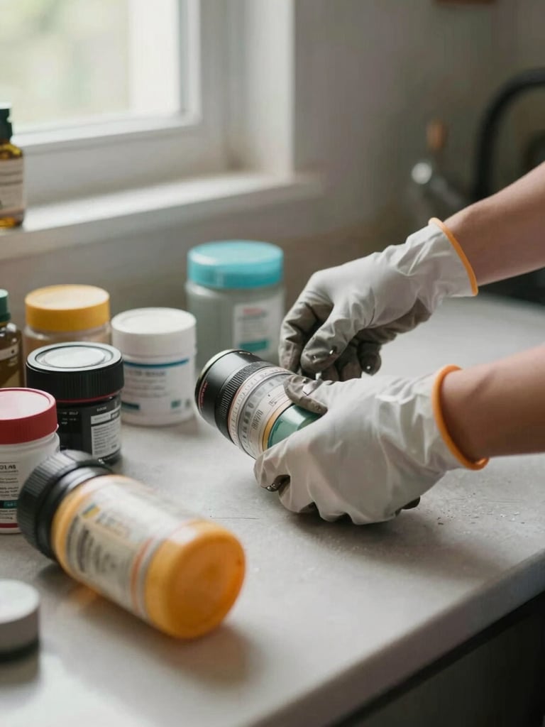 Close-up of gloved hands sorting through household items on a cleared kitchen counter, natural daylight from a side window, surfaces visible and clean, work-in-progress documentary shot, no people's faces, no styling