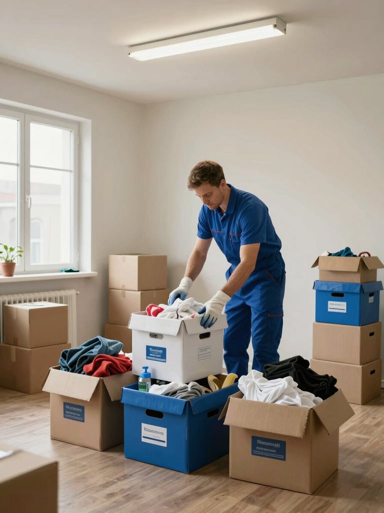 Wide shot of a professional cleaner sorting decluttered items into labeled boxes in a cleared apartment room, fluorescent work light overhead, bare floor visible, window daylight from left side