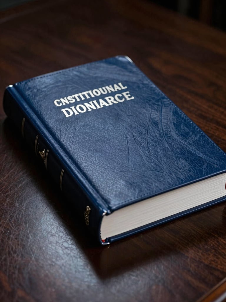 Tight macro shot of a premium leather-bound constitutional law book on an elegant dark oak desk, soft dramatic side lighting, silver accents, professional editorial style.