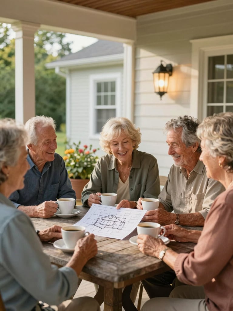 A cheerful group of older adults sitting around a wooden table on a sunny porch in Naperville, sharing coffee and looking at home modification plans, warm residential lighting.