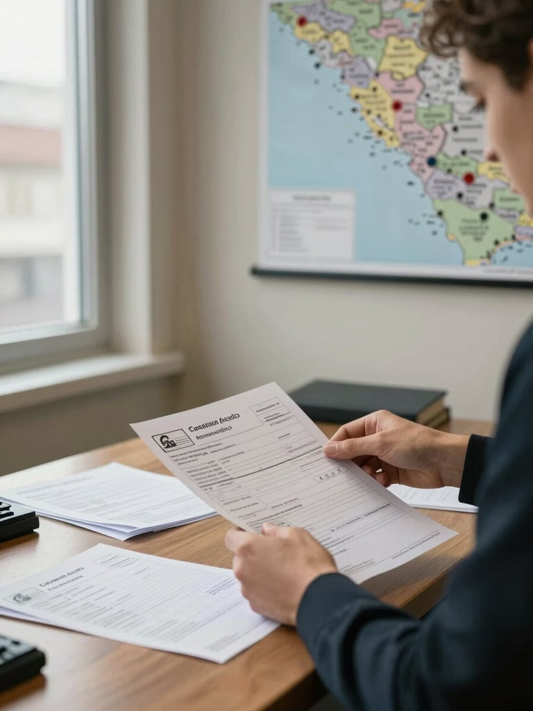 Medium shot of a trade documentation desk in a regional office interior, natural window light from the left, hands sorting stamped customs manifests and trade finance letters, a map with pinned locations on the wall behind, muted warm tones, no people looking at camera
