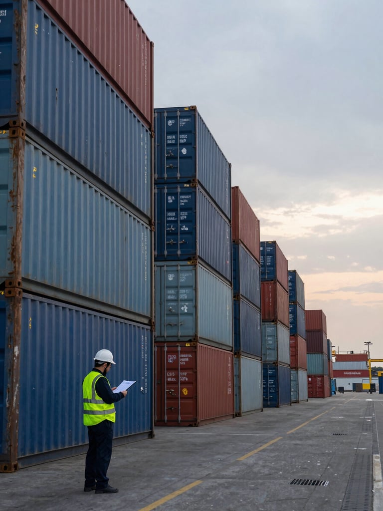 Wide environmental shot looking down a container terminal at dusk, stacked shipping containers receding into the distance left-to-right, a lone trade inspector in high-visibility vest reviewing a manifest in the left foreground, overcast natural light, no text or signage visible