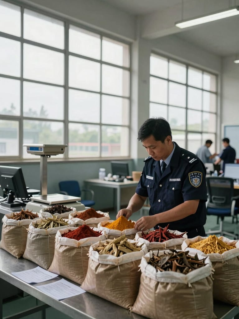Wide environmental shot inside a customs inspection hall, a trade officer in work uniform examining bulk dried spices in open sacks on a steel table, overcast daylight through high industrial windows, stamped manifests visible on the counter edge, deep focus showing scale of the facility behind