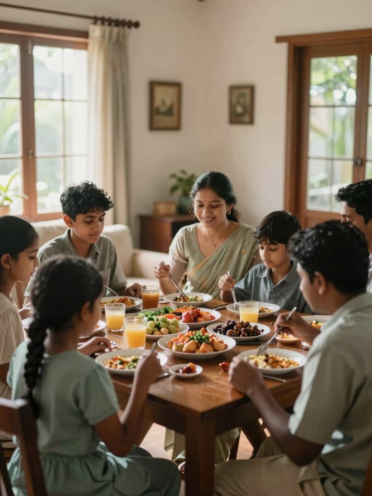 A warm, sunlit Kerala living room, a family enjoying a meal together, soft diffused daylight, authentic editorial style.