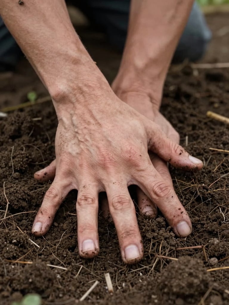 Hands pressing into dark moist soil close-up, fingers spread, visible soil texture and root fragments, overcast natural light, authentic farm context, no studio glow