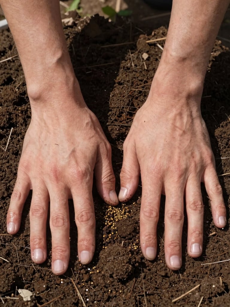 Close overhead shot of hands pressing into dark moist soil, fingers spread wide, fish fertilizer granules visible between the clods, overcast daylight, natural shadows, no studio lighting