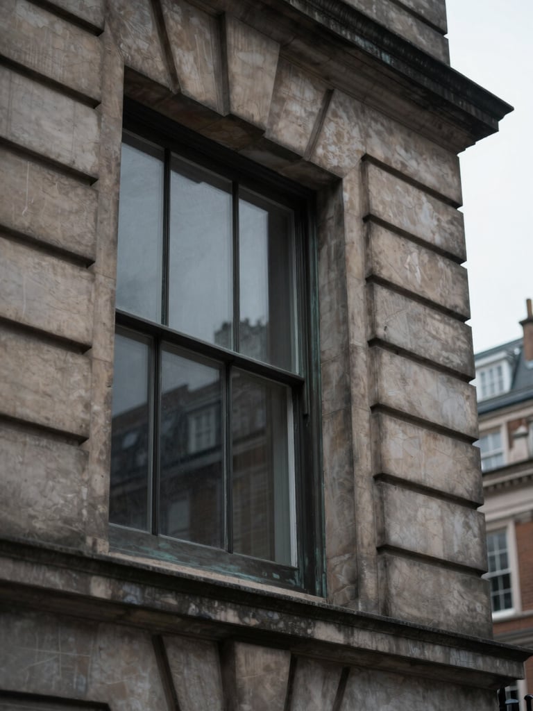 Extreme close-up of weathered Portland stone and bronze window frame of a historic Mayfair building, soft overcast morning light, desaturated deep tones, architectural details, sharp focus, 35mm lens.