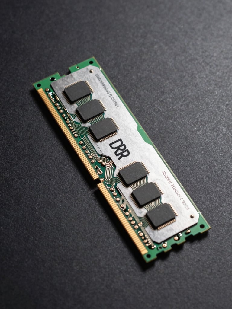 Overhead studio shot of a DDR3 memory module on a matte charcoal surface, hard side-lighting from the left casting precise shadows along the chip outline, circuit traces visible, cool white illumination, no background clutter