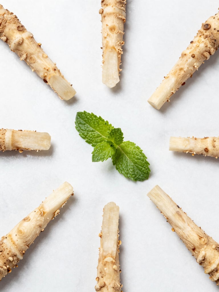 A clean flat-lay of chicory root and fresh mint leaves on a white marble surface, clinical daylight, sharp focus