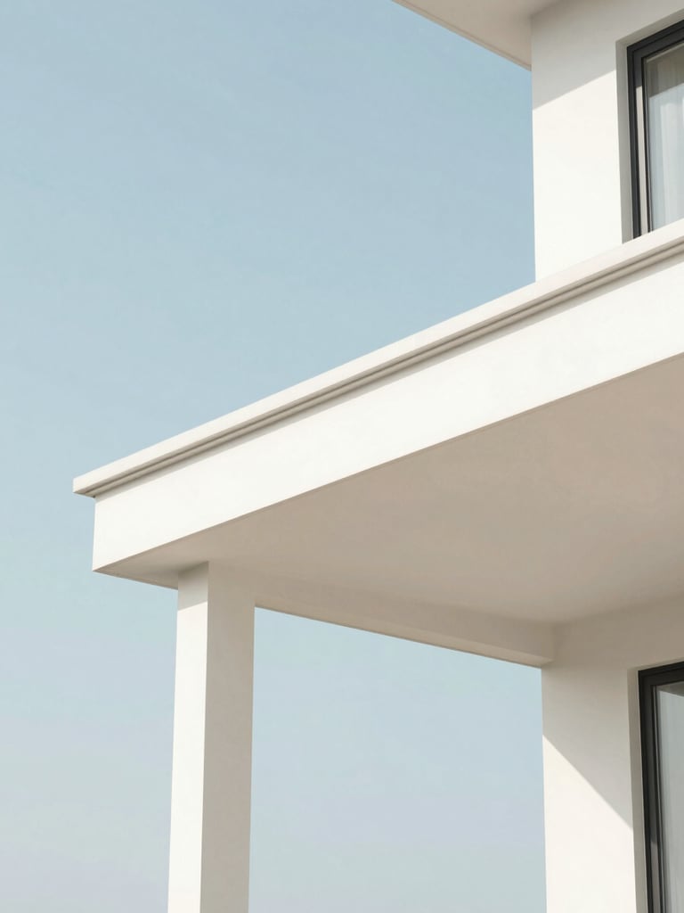 Bright sunlit architectural detail of a clean modern home porch, soft natural overcast daylight, pastel blue sky background, minimalist composition