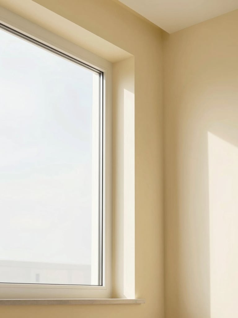 Minimalist close-up of a sunlit modern home window frame, pastel cream yellow wall, clean architectural lines, soft natural overcast daylight, 35mm lens.