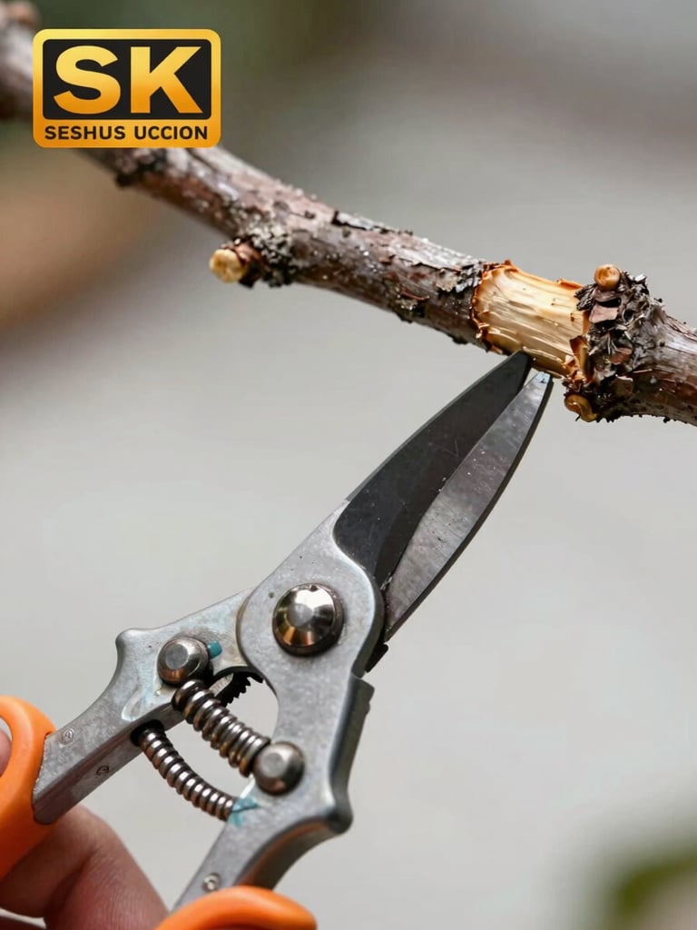 Close-up of sterile hand-pruning shears making a clean, angled cut on a woody ornamental branch, no tearing of the bark
