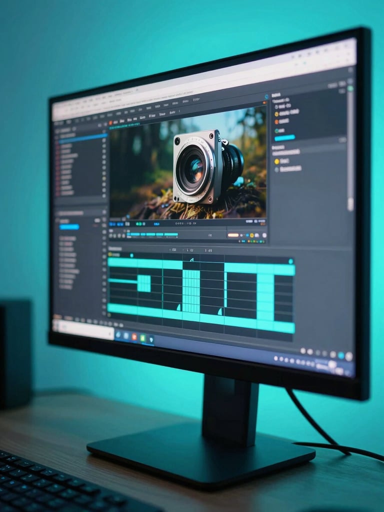 Ultra-sharp macro shot of a modern digital studio setup, vibrant neon-cyan backlights illuminating a high-end monitor displaying motion graphics, high-key direct lighting, vertical-safe composition, no soft shadows.