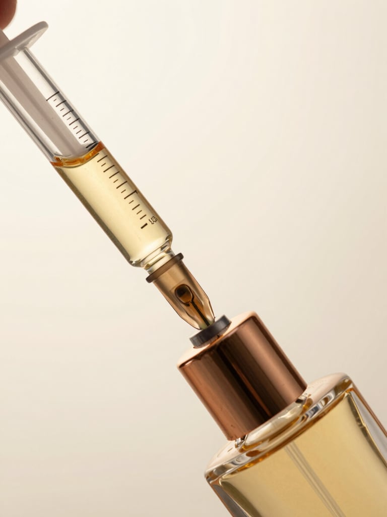 Close-up of a glass syringe carefully extracting golden perfume liquid from a luxury designer bottle, soft warm lighting, minimalist studio background