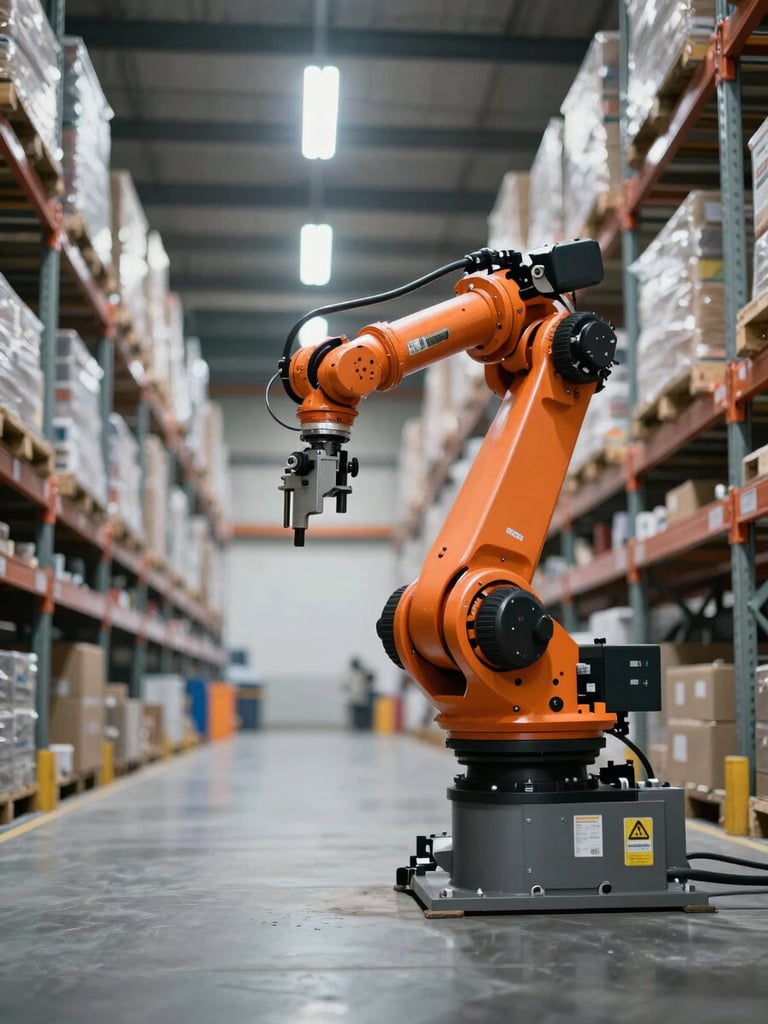 Wide shot of an industrial robot arm operating inside a warehouse aisle, overhead cool fluorescent lighting illuminating steel structure and concrete floor, shot from a low angle looking down the aisle, no people visible, boxes on shelving in background out of focus