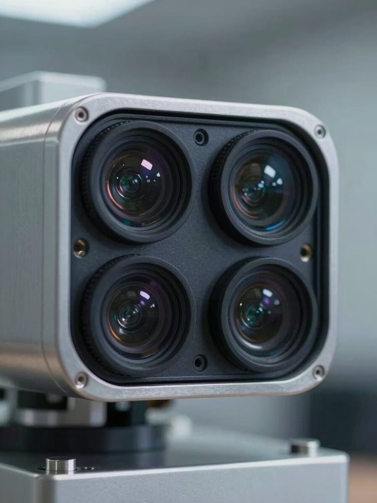 Extreme close-up of a robot sensor array — lidar emitters and camera lenses in tight formation on a brushed-steel housing, cool controlled studio lighting, shallow depth of field revealing precision machining, no human elements