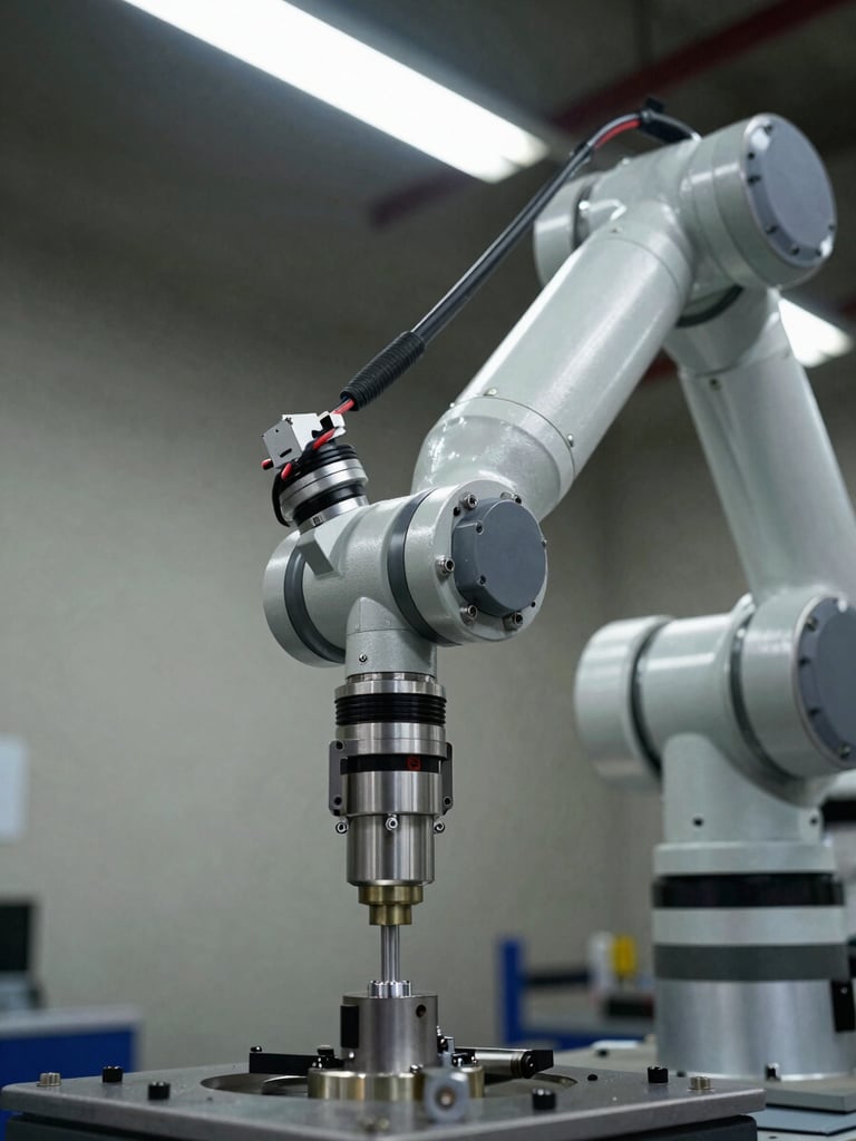 Close-up overhead documentation of a robotic arm actuator joint on a factory floor, steel linkages and sensor wiring sharply visible under cool fluorescent overhead lighting, concrete surface beneath, no human figures