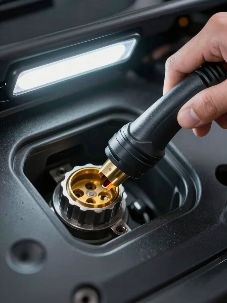 Extreme close-up of a OBD diagnostic probe connector being inserted into a vehicle port, overhead cool-white workshop LED lighting, matte black engine bay surface in sharp focus, clinical and precise framing, no people visible