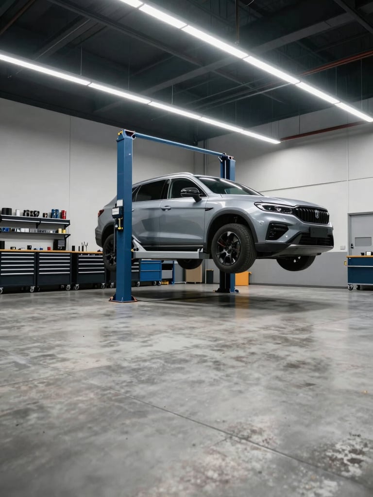 Wide workshop interior shot showing a clean concrete floor, an elevated vehicle on a hydraulic lift, tool wall organized behind it, cool-white overhead LED strips casting even clinical light, no people, architectural and orderly framing