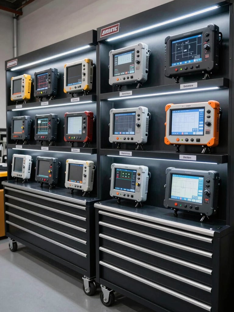 Overhead wide shot of an organised workshop tool wall with marque-specific diagnostic interface units mounted in labelled bays, matte black panel backing, cool-white LED strips illuminating each unit from above, no people, no vehicle visible