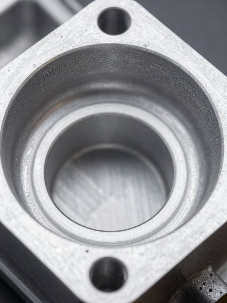 Extreme close-up macro of a freshly cleaned aluminium engine component, surface lit by cool-white overhead LEDs, fine machining marks visible across the metal, shot from directly above, no hands, no people