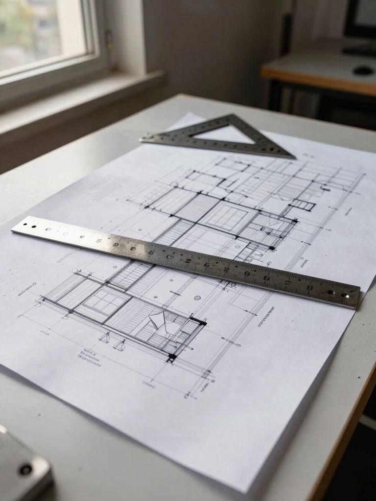 Close environmental shot of a construction site office desk — large-format architectural drawings spread flat, a worn metal ruler crossing a structural detail, a set square resting at the corner, natural north-facing window light from the left, no people, dust on the paper edges
